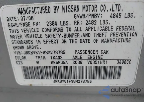 2008 Infiniti G35X из США, поврежденный, VIN JNKBV61F98M278785